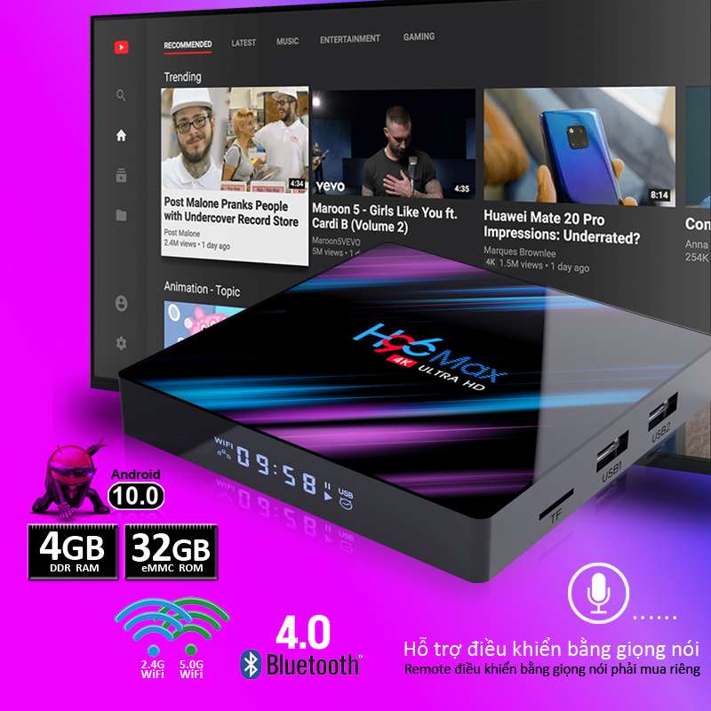 [HCM]Android tv box Ram 4G Rom 32G android 10.0 bluetooth 4.0 kết nối wifi 5G hỗ trợ video 4k xem phim truyền hình miễn phí bảo hành 12 tháng H96MAX tivi box