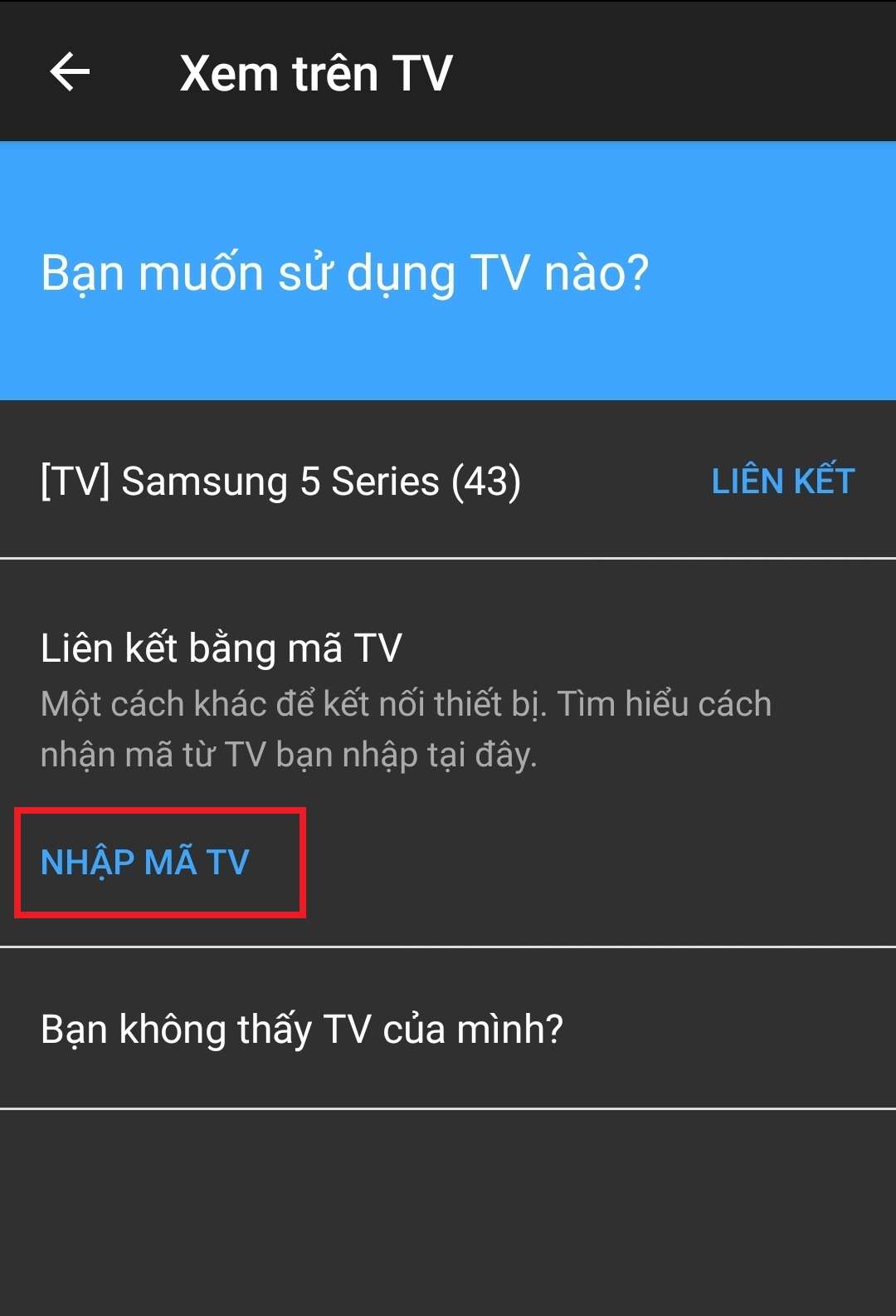 Chọn mục Cài đặt > Nhấn vào Xem trên TV.” class=”lazy” height=”650″ src=”https://cdn.tgdd.vn/Files/2015/08/19/686842/cach-chia-se-video-youtube-tu-dien-thoai-may-tinh–23.jpg” title=”Chọn mục Cài đặt > Nhấn vào Xem trên TV.” width=”730″/></p>
<p><strong>Bước 5: </strong>Giao diện sẽ hiển thị tên tivi nhà bạn. Để kết nối, bạn nhấn <strong>Nhập mã TV</strong>.</p>
<p><img alt=