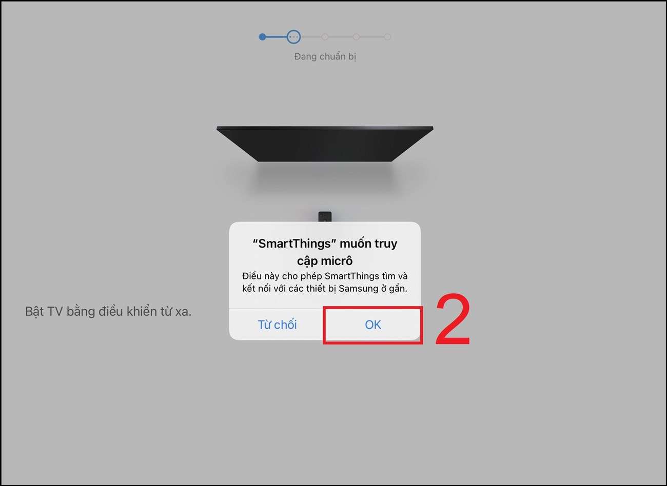 Tiếp đó, bạn mở lại ứng dụng > Nhấn Bắt đầu. ” class=”lazy” src=”https://cdn.tgdd.vn/Files/2015/04/03/629286/cach-ket-noi-iphone-voi-tivi-samsung-42.jpg” title=”Tiếp đó, bạn mở lại ứng dụng > Nhấn Bắt đầu. “/></p>
<p>Chọn <strong>OK</strong> cho phép SmartThings truy cập micro.</p>
<p><img alt=