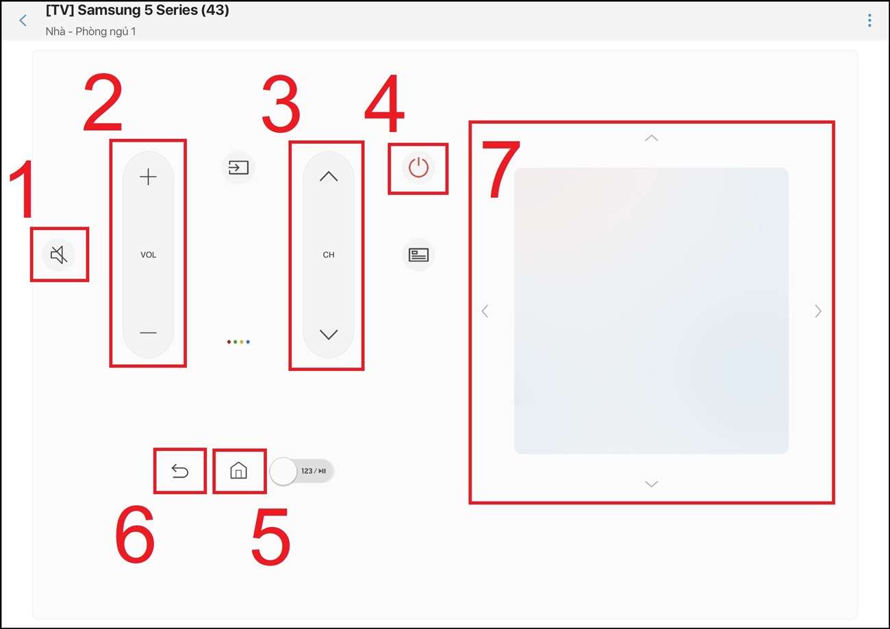 Giao diện sẽ chuyển đổi sang màn hình remote tivi để bạn bắt đầu điều khiển. Trong đó, có đầy đủ các nút