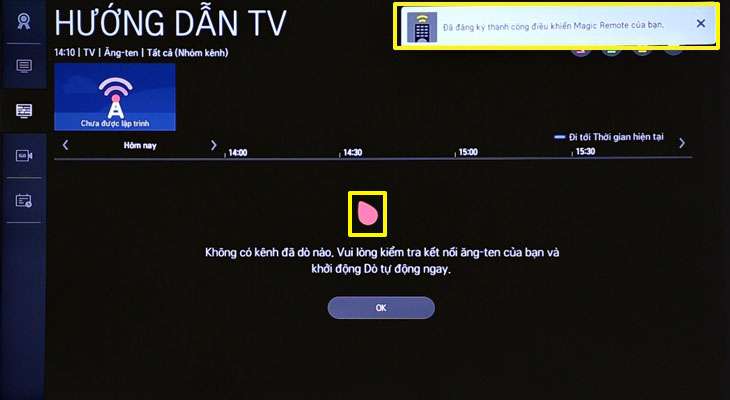 Giao diện tivi hiển thị thông tin đã kết nối remote với tivi thành công