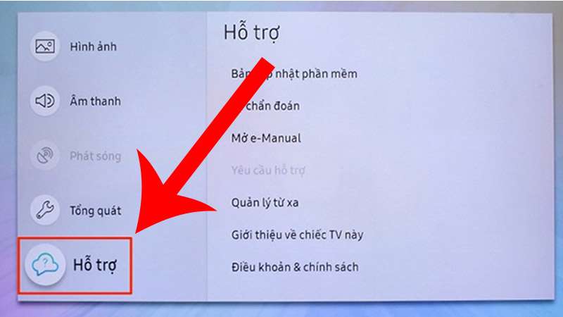 Di chuyển đến phần Hỗ trợ ở bảng cài đặt