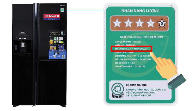 Cách xem tên sản phẩm tủ lạnh Hitachi trên tem năng lượng