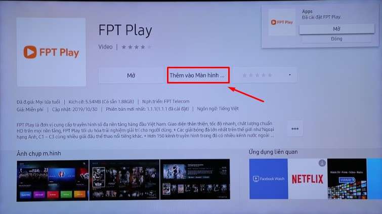 Bạn chọn Thêm vào màn hình chủ để dễ dàng tìm ứng dụng đó tại màn hình chính của tivi.