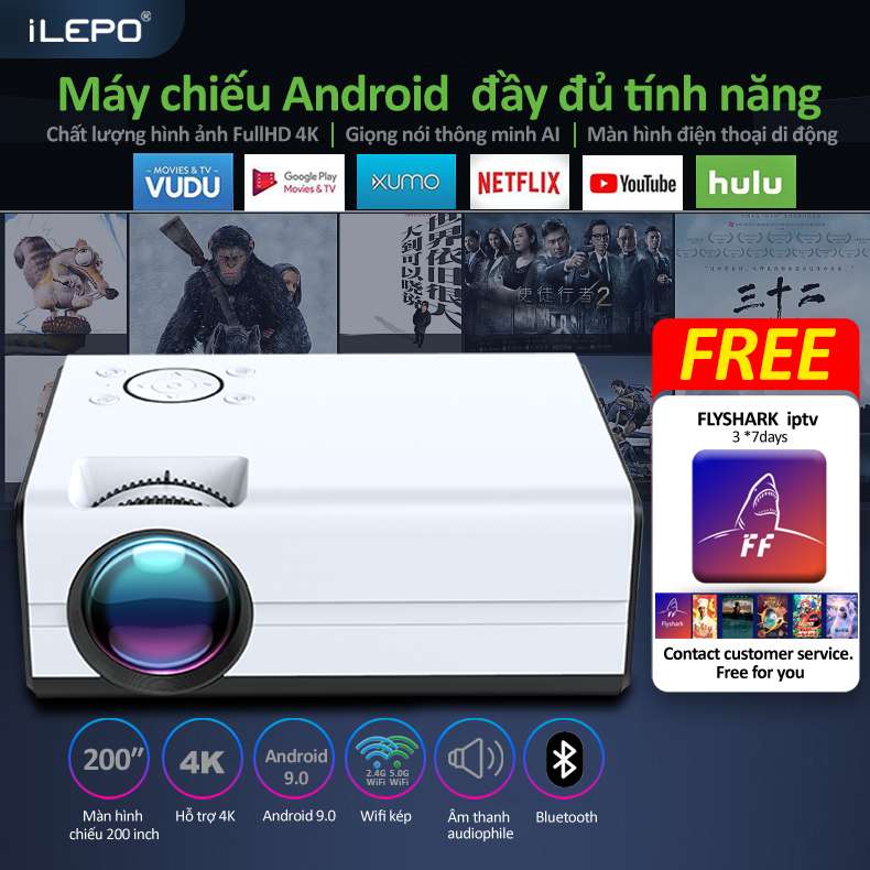 Máy chiếu full HD T01-A hệ điều hành android 9.0 đồng bộ với điện thoại không dây với màn hình chiếu lên đến 200 inch bảo hành 12 tháng T01-A máy chiếu mini