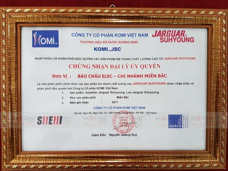 Giấy chứng nhận phân phối amply Jarguar 203N từ Komi Việt Nam