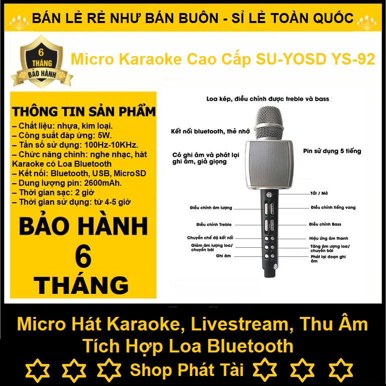 Micro Karaoke Chuyên Nghiệp YS 92 Mic Hát Karaoke Bluetooth Không Dây YS92 Lọc Tiếng ồn Cực Hay- Kèm Loa- Âm vang - Ấm - Mic Hát Karaoke Cầm Tay Mini - Mic Hát Karaoke Hay Nhat Hiện Nay - shophaidang