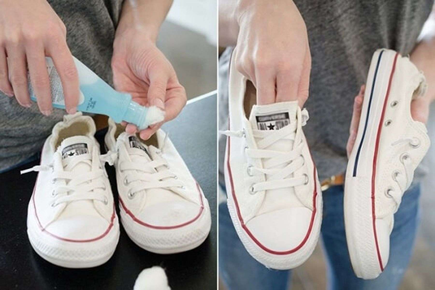Xịt dung dịch nước giặt giày chuyên dụng lên giày và dùng bàn chải loại mềm chà sạch những vết bẩn