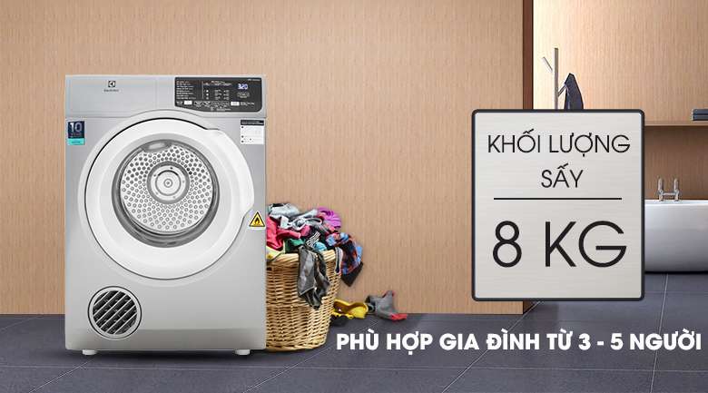 Khối lượng sấy 8 kg - Máy sấy Electrolux 8 Kg EDV805JQSA