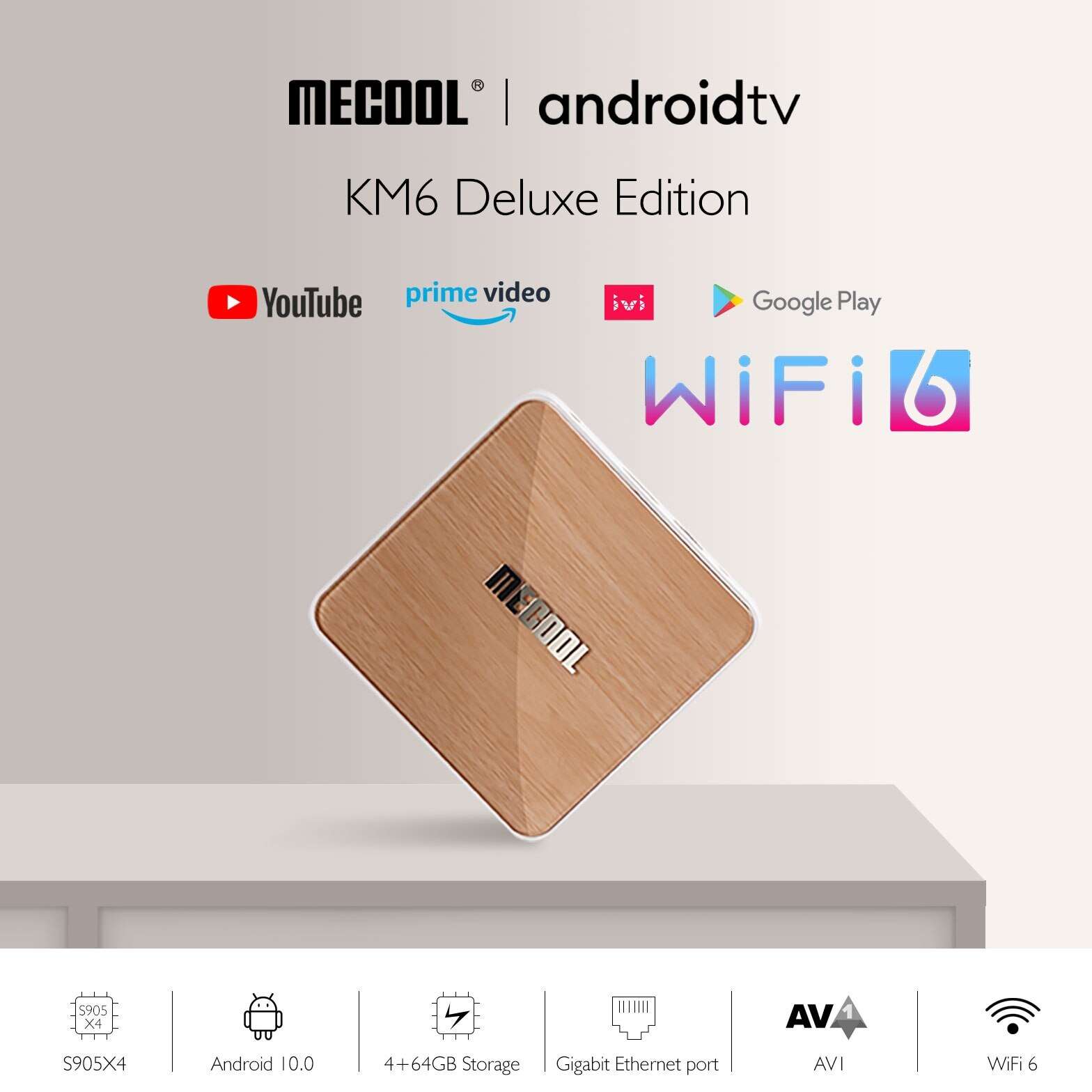 Android tivi box Mecool KM6 bản quyền google 4GB Ram 64GB Rom điều khiển giọng nói tiếng Việt S905x4 cài sẵn các ứng dụng giải trí