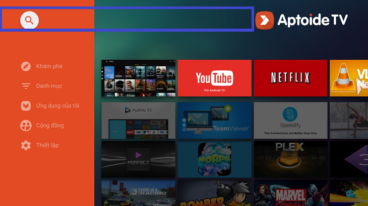 Nhập vào ô tìm kiếm để tìm ứng dụng trong Aptoide TV