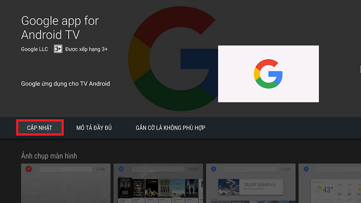 Cập nhật lại phiên bản của Google app for Android TV.