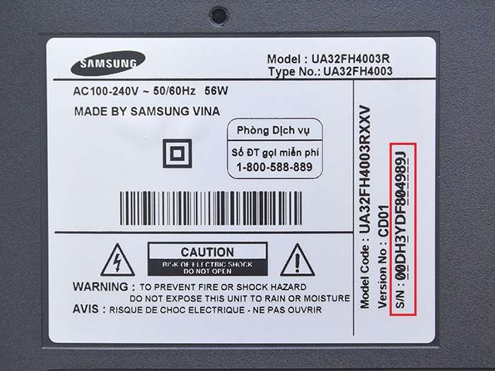 Số Serial là số thứ tự hoặc S/N gồm 14 chữ số ở tem phía mặt sau tivi Samsung.