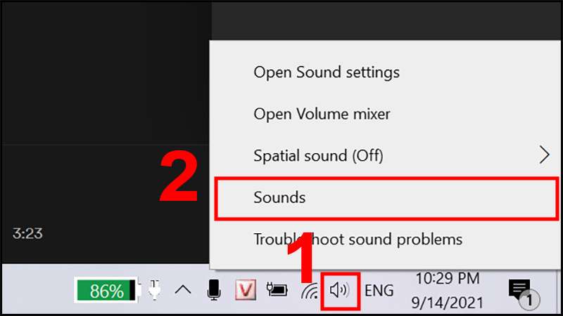 Nhấn chuột phải vào biểu tượng Speaker và chọn Sound 