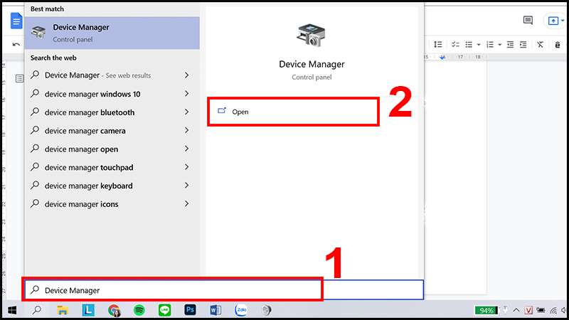 Gõ Device Manager trên thanh tìm kiếm Windows 