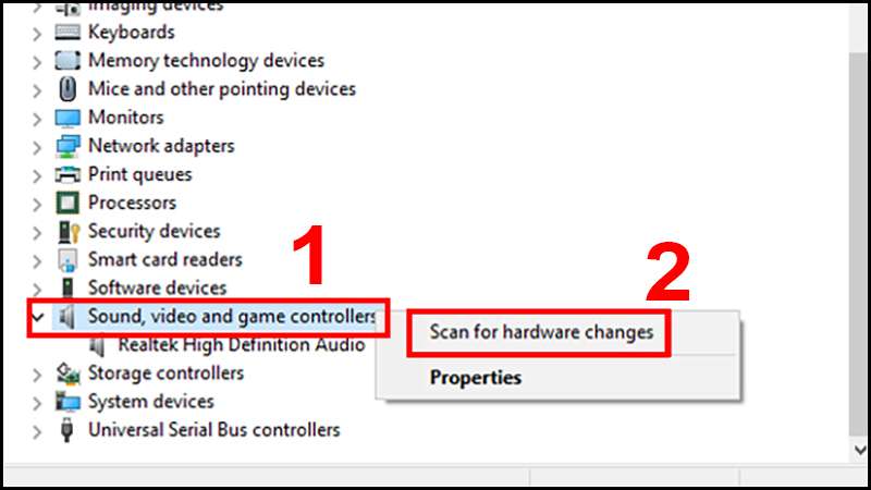 Chọn Scan for hardware changes để cài đặt lại thiết bị