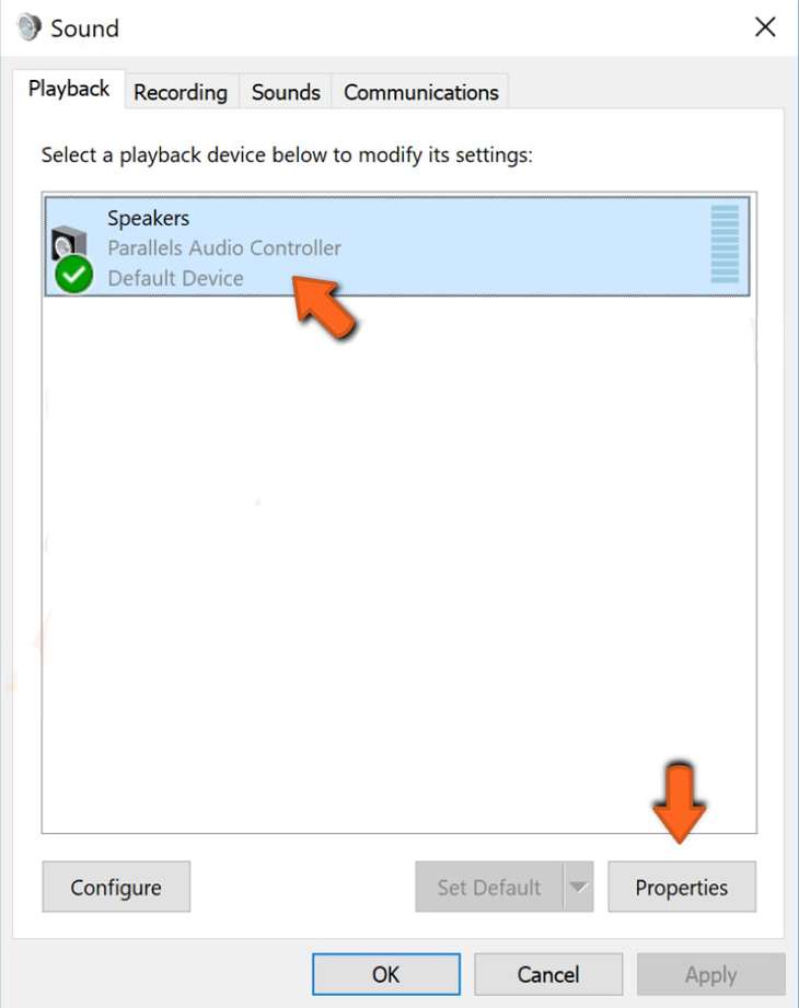 Trong tab Playback, chọn thiết bị phát lại và nhấn nút Properties