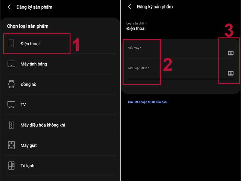 Hãy nhập mã số kiểu máy, mã số IMEI hoặc MEID để đăng ký bảo hành