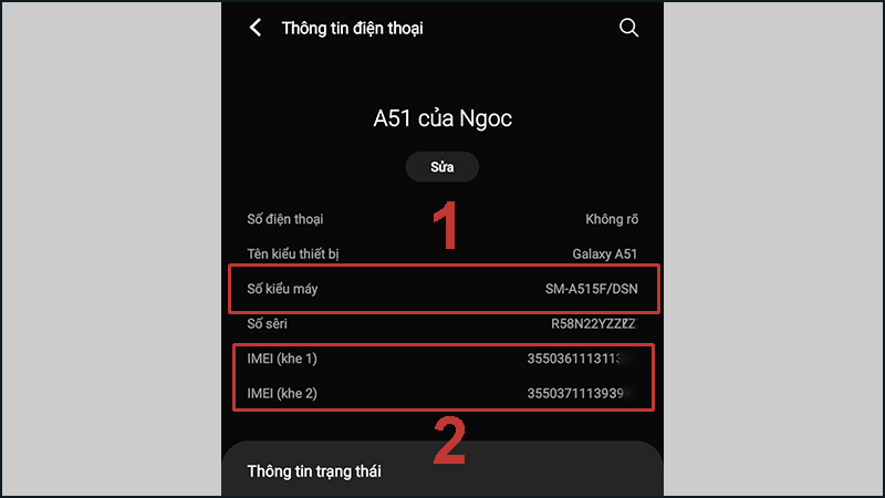 Vào mục Thông tin điện thoại để xem và ghi lại đầy đủ các mã