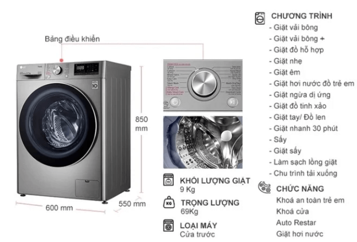 Bảng điều khiển máy giặt sấy LG Inverter 9 kg FV1409G4V