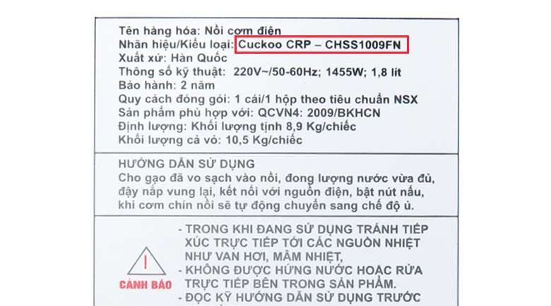 Cách nhận biết thông tin nồi cơm điện cao tần Cuckoo CRP-CHSS1009FN