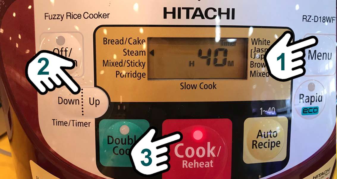 Bấm menu, chọn thời gian, bấm cook để nồi cơm điện tử Hitachi 1.8 lít RZ-D18WFY (RE) tiến hành chế độ hầm