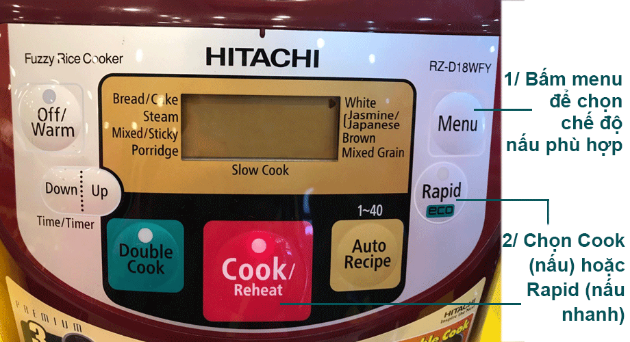 Nồi cơm điện tử Hitachi RZ-D18WFY có thể nấu các loại gạo, nấu cháo, nấu xôi, nấu cơm trộn