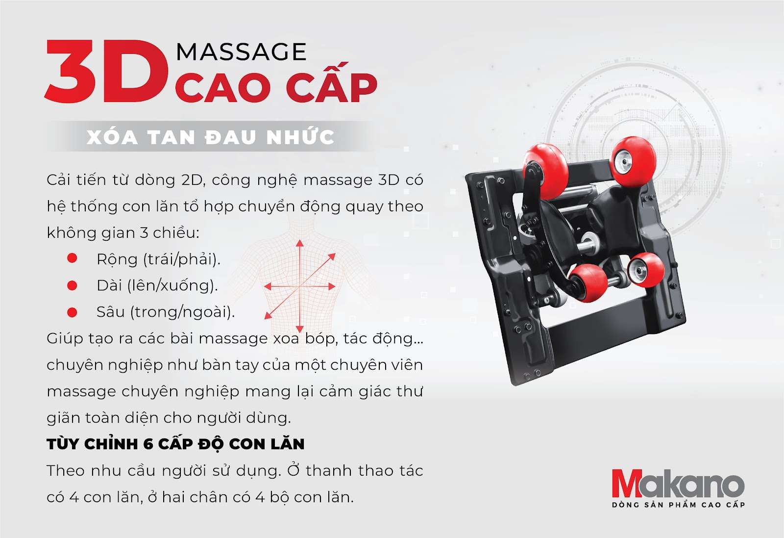 Ghế massage sử dụng con lăn 3D tác động rộng, dài, sâu