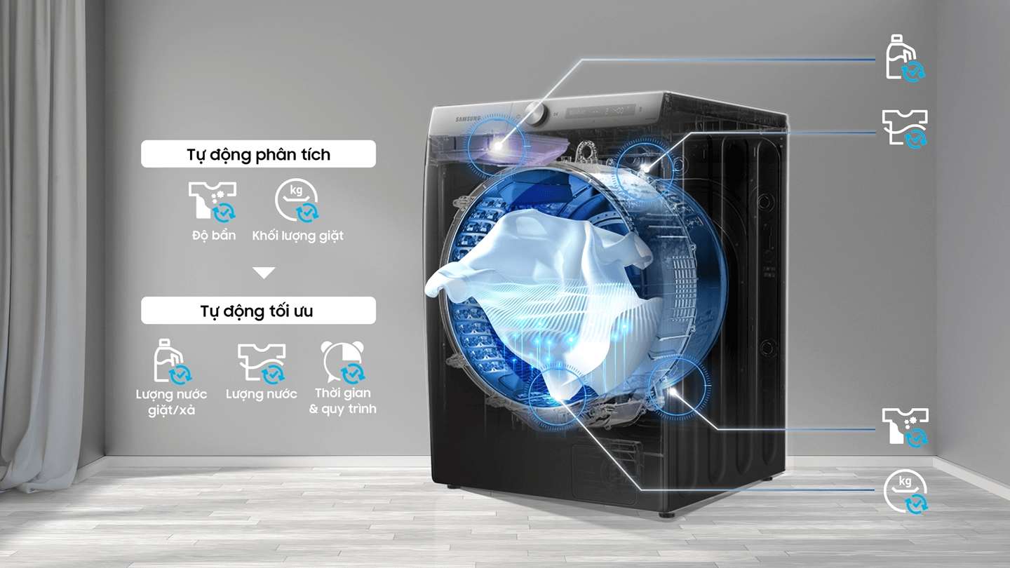 Vị trí của khối lượng giặt, mực nước, độ bẩn và cảm biến mức bụi được hiển thị trên máy giặt trong suốt.