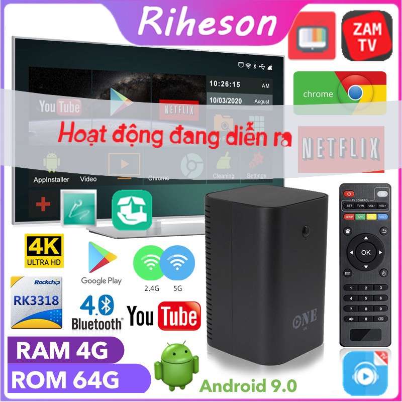 Android TV box Android9.0 one tivi box wifi bluetooth android TV box Ram 4GB+64GB ROM bảo hành tv box 4k