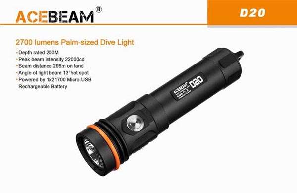 Acebeam D20 sử dụng ánh sáng lặn cỡ lòng bàn tay