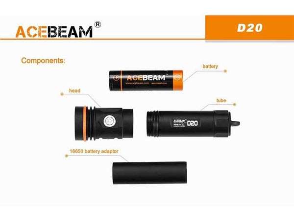 Đèn pin lặn Acebeam D20 có thời gian hoạt động lâu