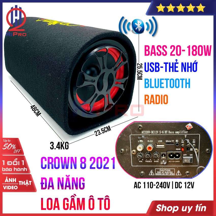 Loa bluetooth Crown 8 2021 H2PRO bass 20-180W đa năng USB-Thẻ nhớ-radio (1 loa), loa gầm ô tô cao cấp điện 220V-110V-12V