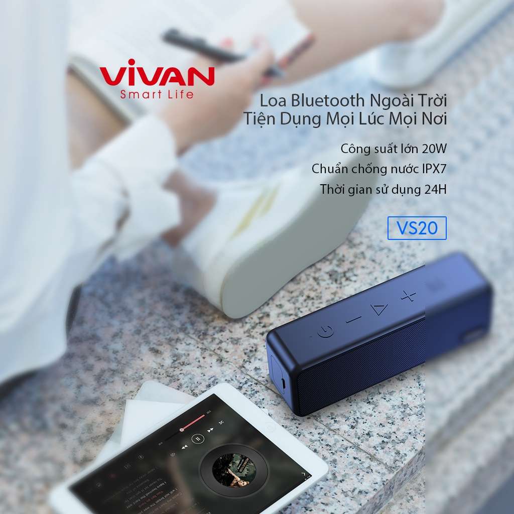 Loa Bluetooth Tiện Dụng 5.0 VIVAN VS20 Chống Nước Công Suất Lớn 20W Playtime đến 24H Hỗ trợ thẻ Micro SD và cổng AUX