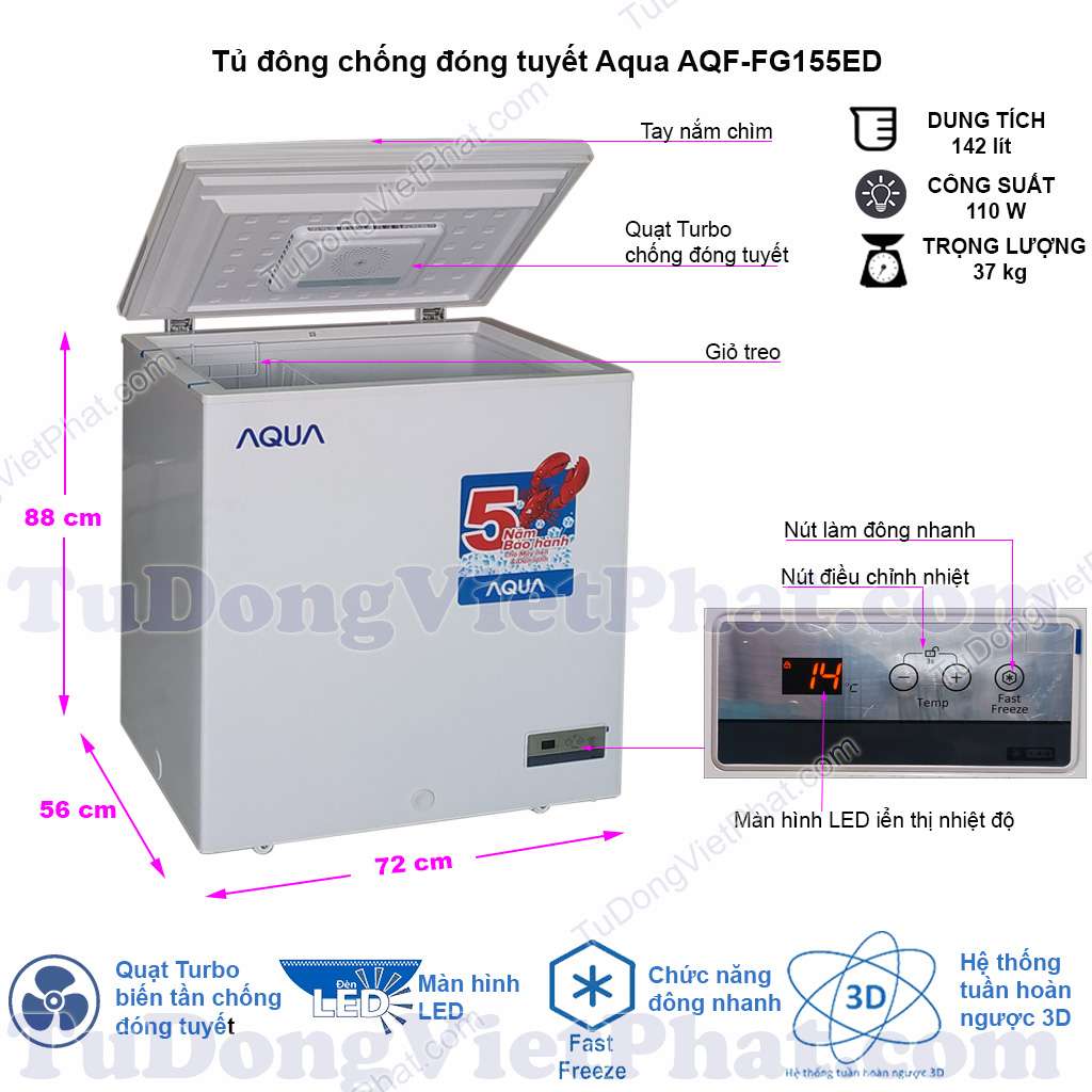 Tủ đông mini không đóng tuyết Aqua AQF-FG155ED 142L - Giá rẻ 11/2020