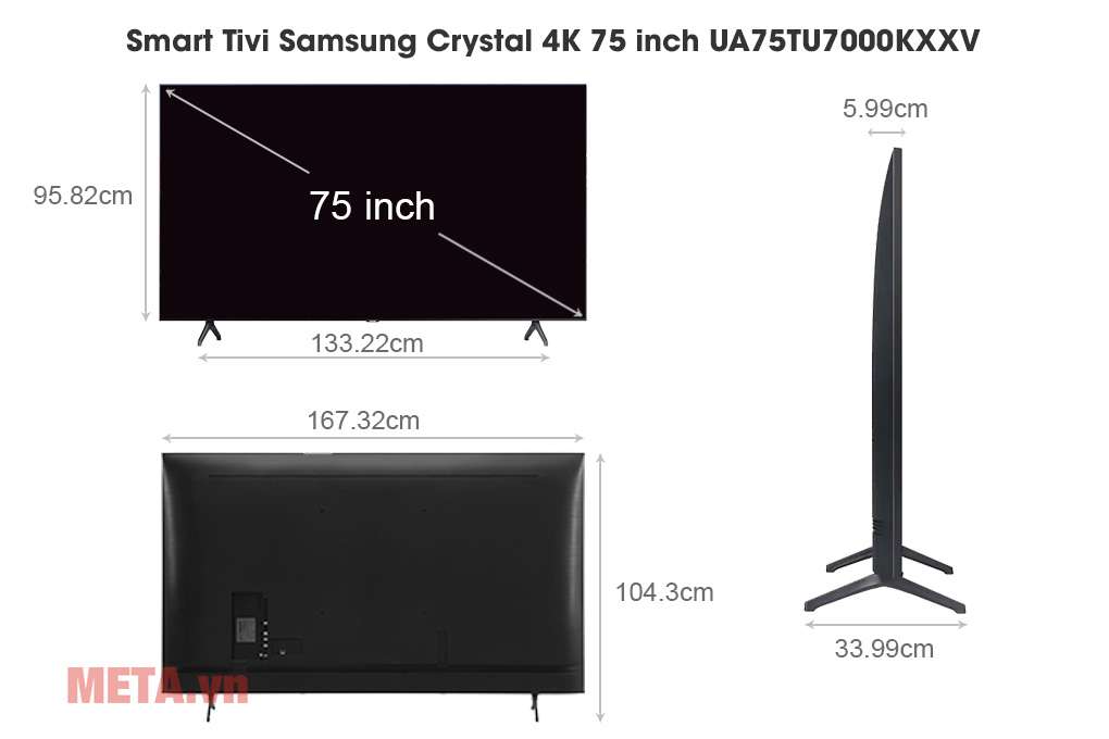 Kích thước Smart Tivi Samsung Crystal 4K 75 inch UA75TU7000KXXV