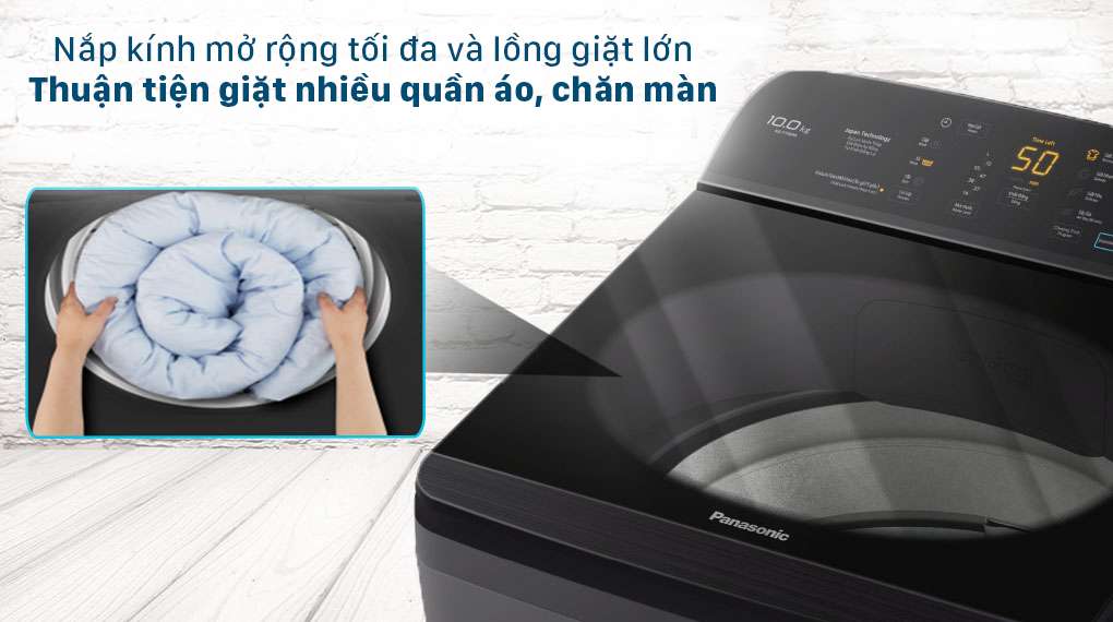 Máy giặt Panasonic 10 Kg NA-F100A9BRV - Nắp máy kính cường lực bền bỉ và lồng giặt cỡ lớn thuận tiện giặt đồ kích thước lớn