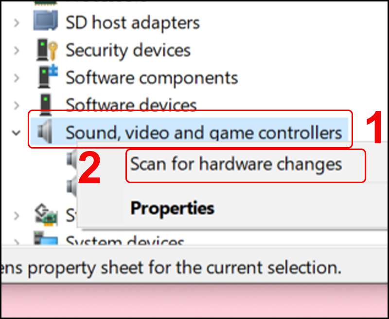 Tiếp tục chọn Scan for hardware changes để hệ thống tìm lại Driver