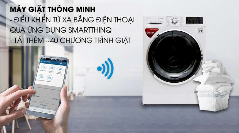 Điều khiển từ xa qua điện thoại với ứng dụng SmartThinQ- Máy giặt LG Inverter 9 kg FC1409S2W