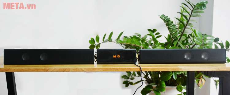  2 loa vệ tinh kết nối với bộ điều khiển trở thành 1 loa soundbar