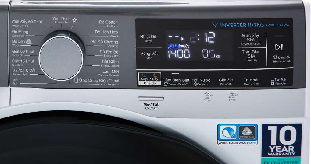 Bảng điều khiển máy giặt sấy khô không cần phơi Electrolux 11kg/7kg UltimateCare 900 EWW1141AEWA rõ ràng