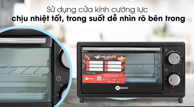 Lò nướng Mishio MK-177 14 lít - Lò có cửa kính cường lực trong suốt