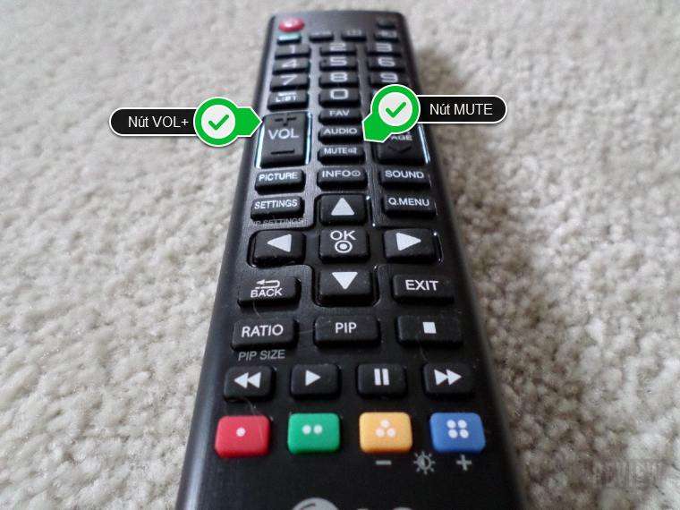 Nút MUTE và VOL+ trên remote