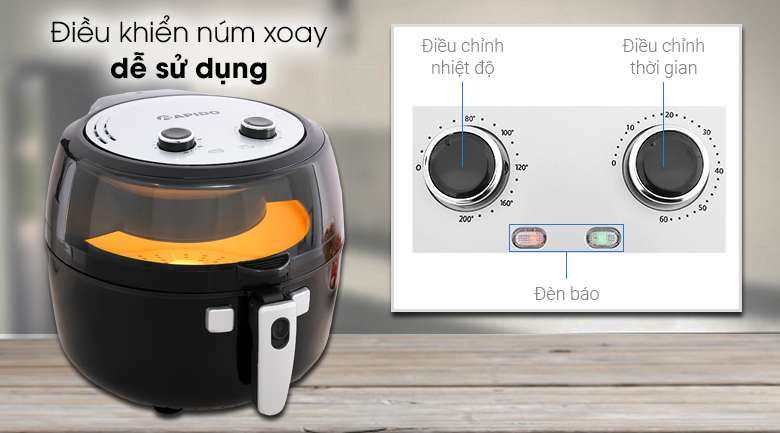 Nồi chiên không dầu Rapido RAF6.5M 6.5 lít - Điều khiển núm xoay kèm đèn LED báo trạng thái hoạt động