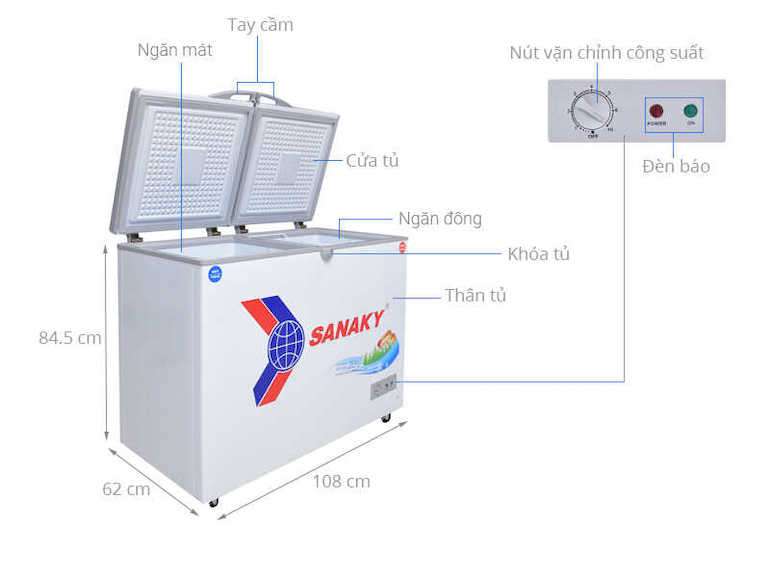 Tủ đông Sanaky VH-285W2 , tủ đông lạnh 2 chế độ 2 ngăn , 2 cánh