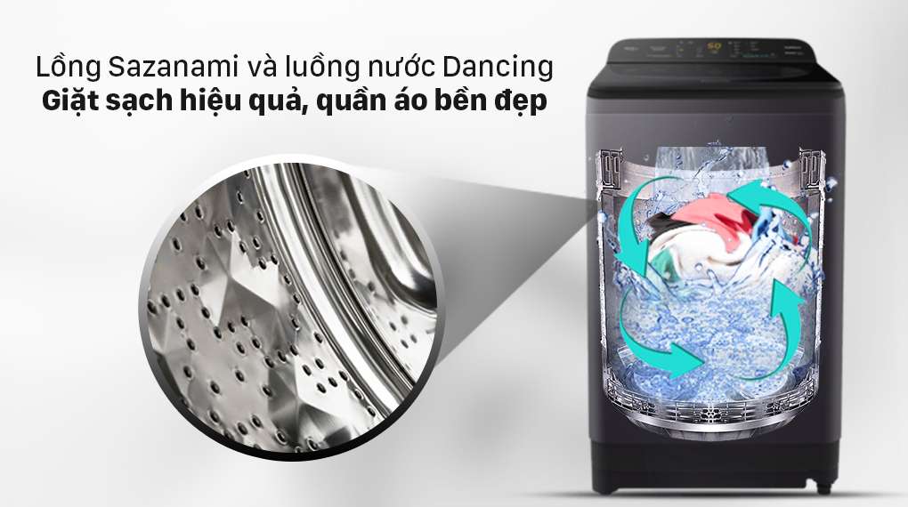 Máy giặt Panasonic 8.5 Kg NA-F85A9BRV-  Lồng giặt Sazanami kết hợp luồng nước Dancing Water Flow giúp giặt sạch hiệu quả, quần áo bền đẹp
