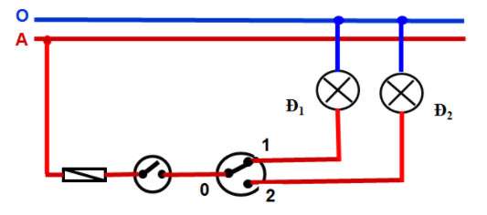 Sơ đồ nguyên lý mạch điện một công tắc ba cực điều khiển 2 đèn