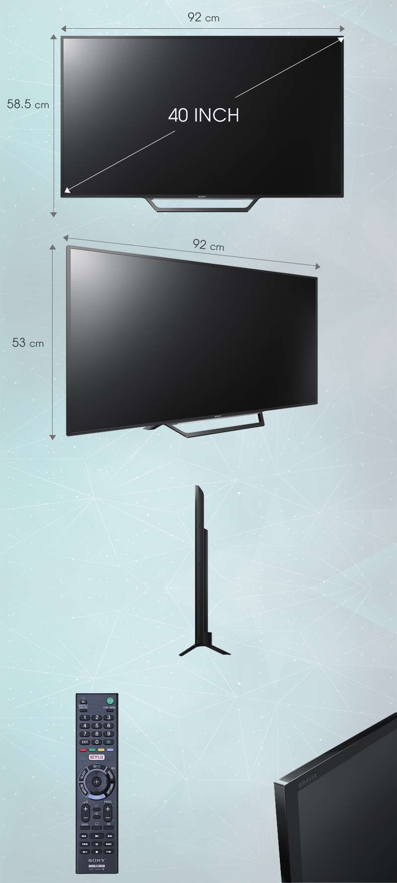 Smart Tivi Sony 40 inch KDL-40W650D - Kích thước tivi