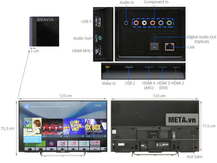 Cấu tạo của tivi smart Sony 55 inch Full HD 55W800C.