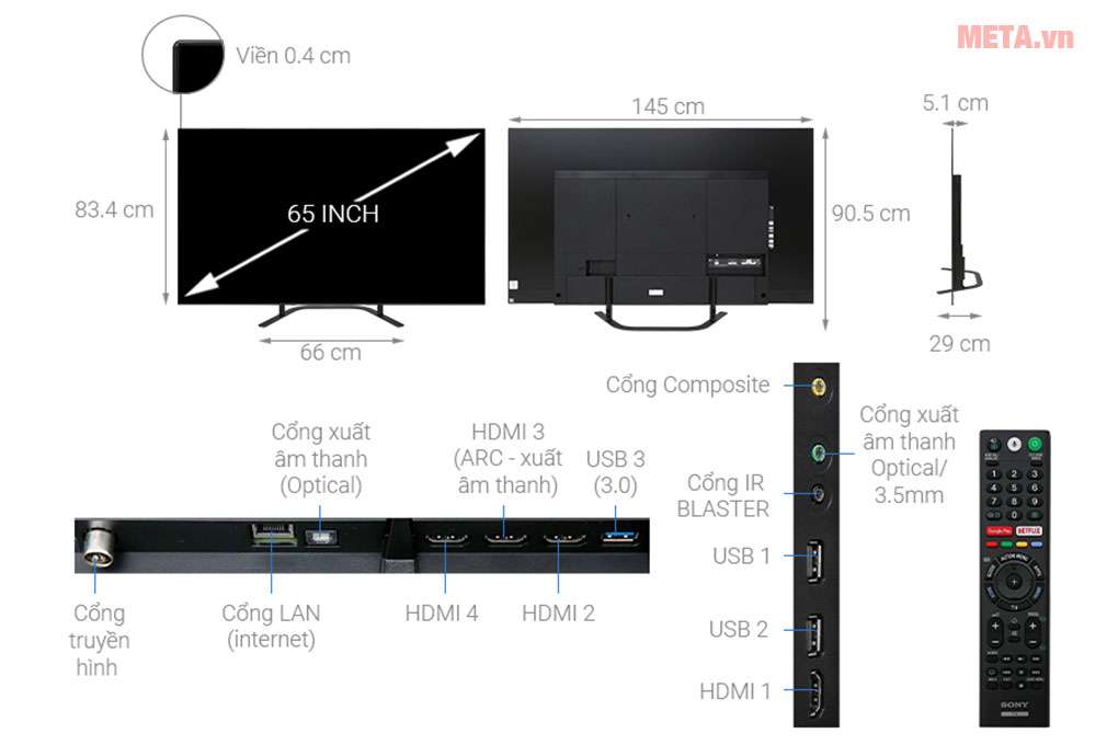 Kích thước tivi Sony 65 inch